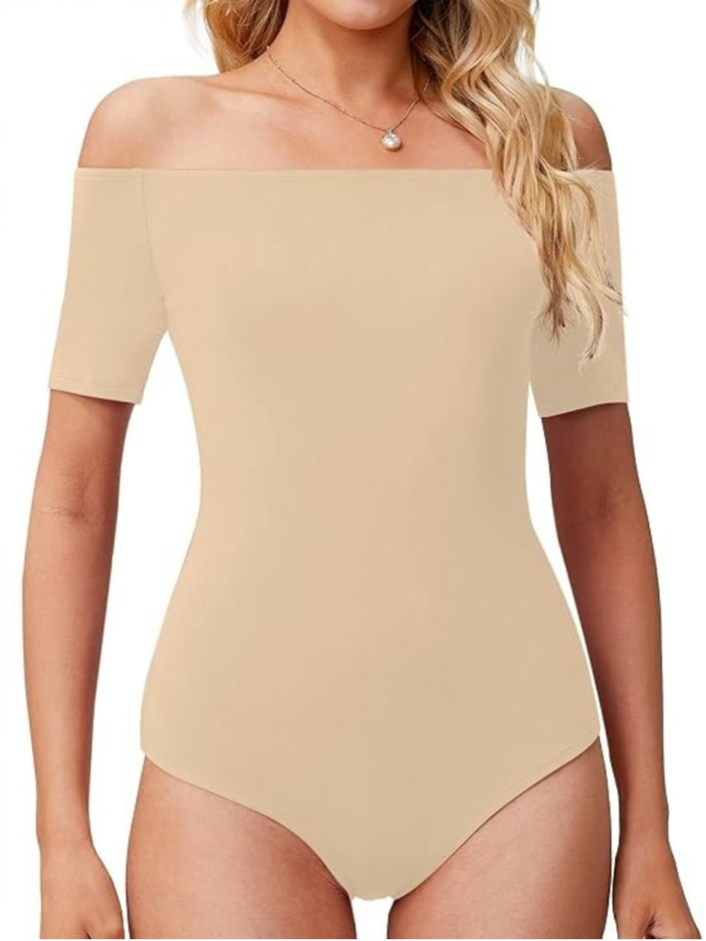 LAOALSI Women's Off Shoulder Bodysuit Short Sleeves Body Suit Nude Size 2X